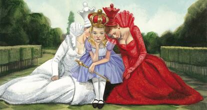 Ilustración de la Reina Roja, la Reina Blanca y Alicia en el libro ‘Alicia a través del espejo’.