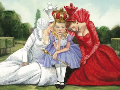 Ilustración de la Reina Roja, la Reina Blanca y Alicia en el libro ‘Alicia a través del espejo’.