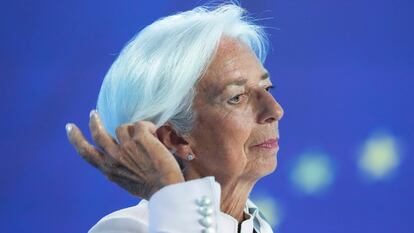 La presidenta del BCE, Christine Lagarde, durante la rueda de prensa en Fráncfort este jueves.