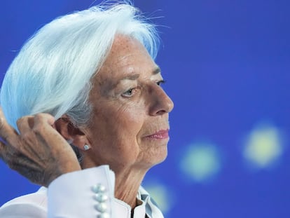 La presidenta del BCE, Christine Lagarde, durante la rueda de prensa en Fráncfort este jueves.