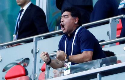 Soccer Football - World Cup - Round of 16 - France vs Argentina - Kazan Arena, Kazan, Russia - June 30, 2018  Former Argentina player Diego Maradona celebrates in the stand after Gabriel Mercado (not pictured) scored their second goal   REUTERS/Michael Dalder
