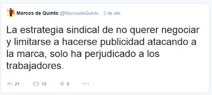 Uno de los mensajes de Marcos de Quinto en Twitter