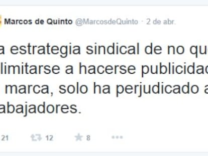 Uno de los mensajes de Marcos de Quinto en Twitter