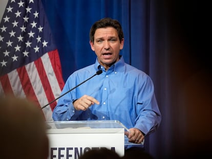 Florida Gov. Ron DeSantis speaks during a fundraising picnic for U.S. Rep. Randy Feenstra, R-Iowa, Saturday, May 13, 2023, in Sioux Center, Iowa.