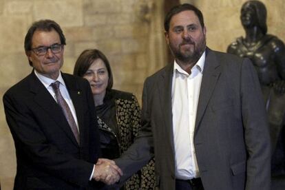 Mas i Junqueras despr&eacute;s del pacte d&#039;eleccions el passat dimecres. 