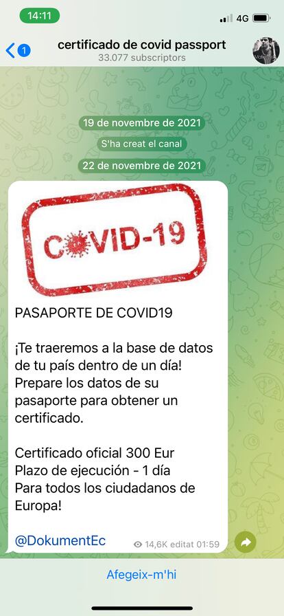 Este canal de Telegram en el que se ofrecen pasaportes Covid falsificados y que cuenta con más de 33.000 suscriptores estaba activo a 20 de enero de 2022.