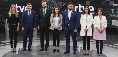 Desde la izquierda: Cayetana Álvarez de Toledo, Aitor Esteban, Iván Espinosa de los Monteros, Irene Montero, Gabriel Rufián, Inés Arrimadas y Adriana Lastra, en el debate de RTVE.