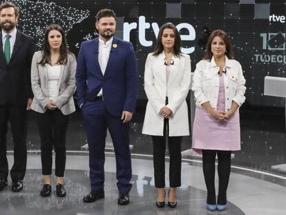 Desde la izquierda: Cayetana Álvarez de Toledo, Aitor Esteban, Iván Espinosa de los Monteros, Irene Montero, Gabriel Rufián, Inés Arrimadas y Adriana Lastra, en el debate de RTVE.
