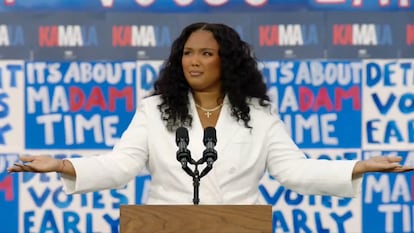 Lizzo durante su intervencin en un acto de campa?a de Kamala Harris en Detroit (EE UU), el 19 de octubre de 2024.