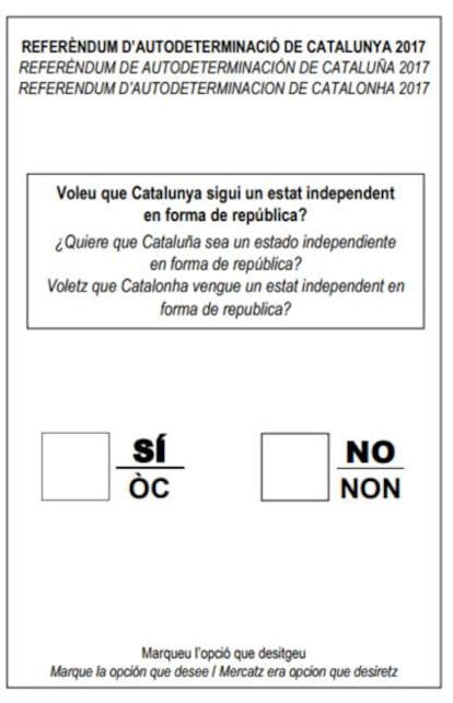 La papeleta del referéndum, en la página 30 del decreto 140/2017, de 6 de septiembre.