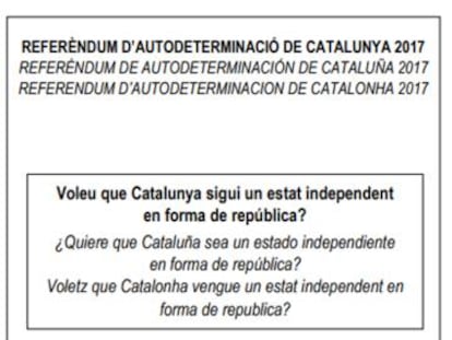 La papeleta del referéndum, en la página 30 del decreto 140/2017, de 6 de septiembre.