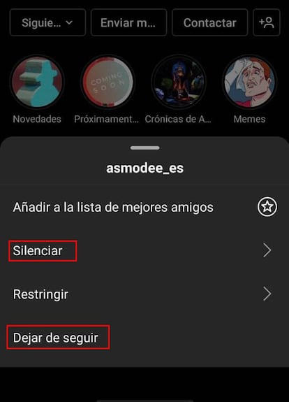 Opciones de Instagram