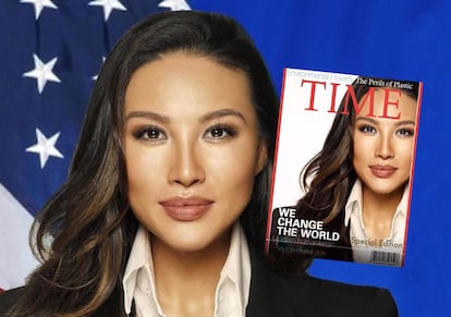 Mina Chang, exfuncionaria de la administración Trump, con la portada que falseó de la revista Time.