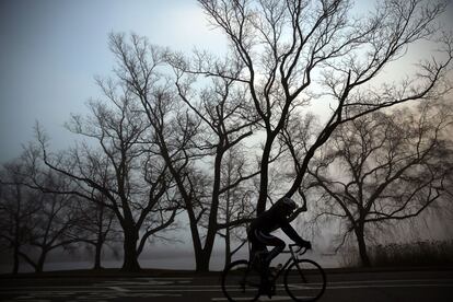 Un ciclista recorre un parque de Brooklyn bajo la niebla.