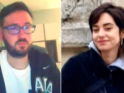 Roger Carles (izquierda) en videollamada desde su casa de Kiev y Carla San Andrés, en 2021, en Leópolis (Ucrania).