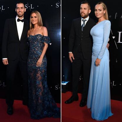 A la izquierda, Sergio Busquets y su esposa Elena Galera; a la derecha, Jordi Alba y su esposa Romarey Ventura.