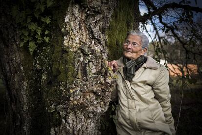 Benedicta Sánchez, diante do carvalho da Porfía, em San Fiz de Paradela (Lugo).