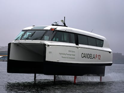 Candela’s new P-12 electric hydrofoil passenger vessel slices through the water in Stockholm’s archipelago, Sweden, Friday, Nov. 10, 2023.