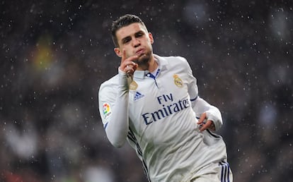 Mateo Kovacic del Real Madrid, celebra el primer gol del Real Madrid, frente a la Real Sociedad.