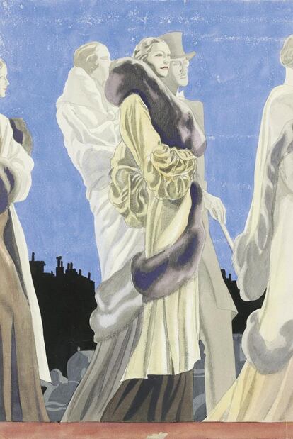 Es una ilustración de un modelo de Lanvin, de 1933, realizada por Carlos Sáenz de Tejada (Tánger, 1897-Madrid, 1958). El Museo ABC, que guarda unos 700 dibujos del autor, expone ahora 300 donde recorre la década de los treinta que revolucionó el mundo de la moda e inauguró un nuevo papel de la mujer en la sociedad.