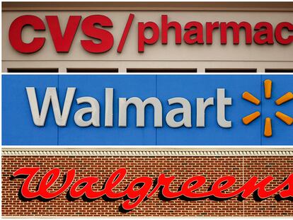 Combinación de carteles de establecimientos de Walmart, CVS y Walgreens, las empresas condenadas por la crisis de los opioides.