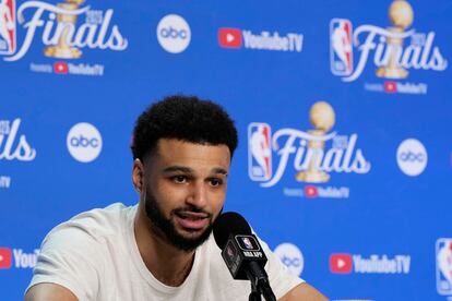 Denver Nuggets shooting guard Jamal Murray speaks to the press after the game. 