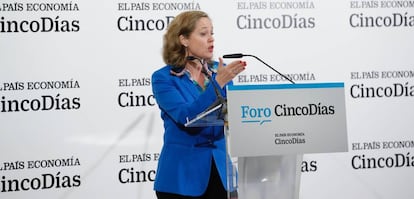 La ministra de Economía y Empresa, Nadia Calviño, durante su intervención de hoy en el foro CincoDías.