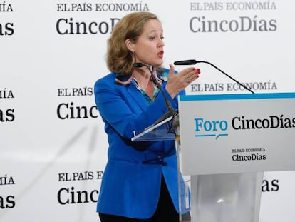 La ministra de Economía y Empresa, Nadia Calviño, durante su intervención de hoy en el foro CincoDías.