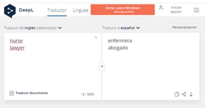 Captura de pantalla del algoritmo DeepL que muestra sesgo de género (14-05-2020).