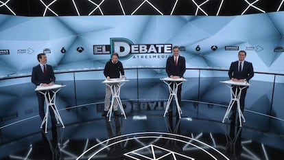 Pablo Casado, Pablo Iglesias, Pedro Sánchez y Albert Rivera durante el debate electoral celebrado en Atresmedia el pasado 23 de abril.