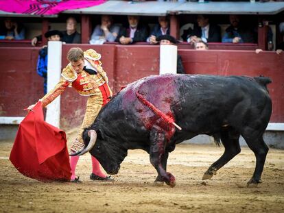 Javier Cortés, ante el toro que lo hirió el pasado día 15 en Las Ventas.