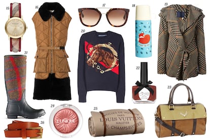 15. Burberry Reloj con correa con print de cuadros y ribetes de piel. 16. Marni Chaleco largo de tela acolchada y pelo. 17. Prada Gafas de sol con montura de pasta y detalles de metal. 18. Asos Termo con print de zorro, hojas y bellotas. 19. Lanvin Chaqueta cruzada con print de pata de gallo. 20. Ralph Lauren Jersey con print de cabeza de caballo y cuello a la caja. 21. Hunter Bota de agua de caucho y lana con print de cuadros. 22. Ciaté Laca de uñas “Complexion Collection - Pecan Pie”. 23. Accesorize Bolso de mano de piel tricolor con doble asa y cabeza de ciervo dorada. 24. Clinique Colorete “Cheek Pop”. 25. Louis Vuitton Manta de viaje. 26. Asos Cinturón de piel.