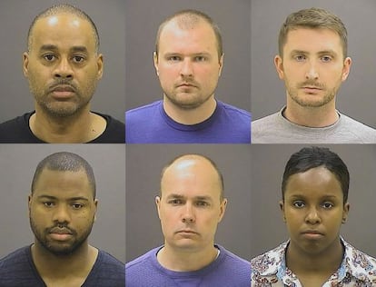 Imatge proporcionada pel Departament de Policia de Baltimore amb els sis policies acusats per la mort de Gray: Caesar R. Goodson Jr., Garrett E. Miller, Edward M. Nero, William G. Porter, Brian W. Rice i Alicia D. White.