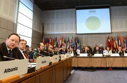 El embajador ucranio en la OSCE, Ihor Prokopchuk, en la reunión de emergencia en Viena el lunes.