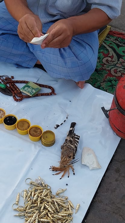 The sorcerer of Jemaa el Fna making amulets with the dead hoopoe next to him.