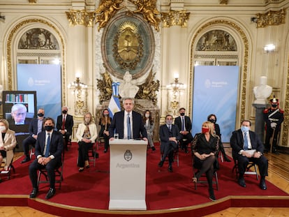 O presidente da Argentina, Alberto Fernández, apresenta um projeto de reforma da Justiça, na Casa Rosada.