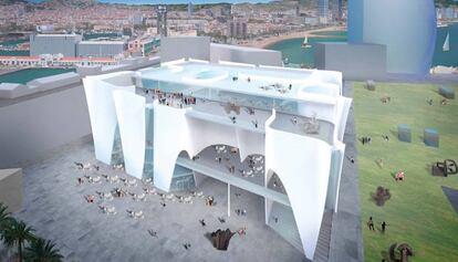 Imatge virtual de la vista sud del Museu Hermitage que es construirà al port de Barcelona, al costat de l'hotel W.