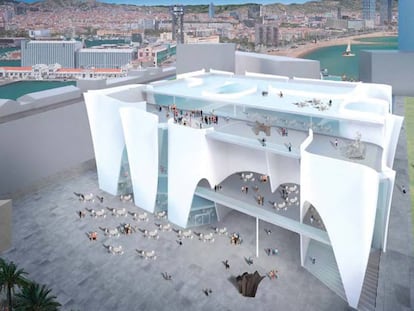 Imagen virtual de la vista sur del Museo Hermitage que se construirá en el puerto de Barcelona, junto al hotel W.