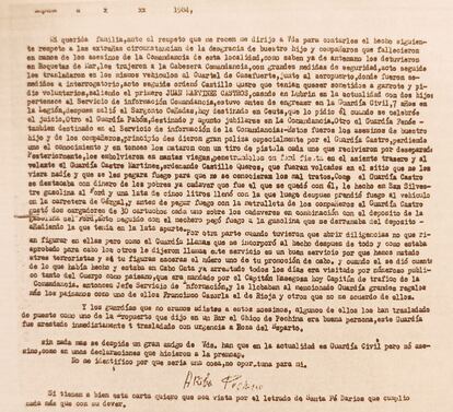 Carta anónima enviada supuestamente por uno de los guardias civiles que intervino en el crimen y reproducida en el libro 'El caso Almería, abierto para la historia', de Antonio Ramos Espejo.