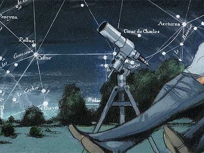 Dibujo de una pareja mirando las estrellas
