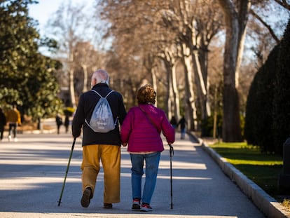 Dos personas mayores paseando con bastón por El Retiro, en Madrid.
