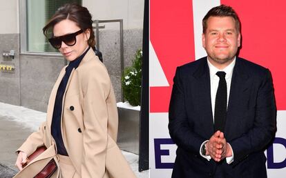 Victoria Beckham y, a la derecha, el presentador James Corden.