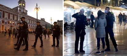 Policías nacionales patrullaban el viernes por la Puerta del Sol, en Madrid. Al lado, dos agentes de la Guardia Urbana de Barcelona atendían a una mujer el viernes. VÍCTOR SAINZ / CRISTÓBAL CASTRO