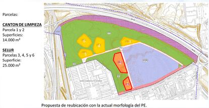 Captura de pantalla de uno de los apartes del documento técnico presentado por la plataforma vecinal al Ayuntamiento donde se ilustra cómo podría ubicarse el cantón en la parcela de Las Tablas, en las zonas amarillas o naranjas.