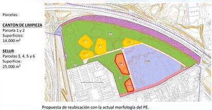 Captura de pantalla de uno de los apartes del documento técnico presentado por la plataforma vecinal al Ayuntamiento donde se ilustra cómo podría ubicarse el cantón en la parcela de Las Tablas, en las zonas amarillas o naranjas. 