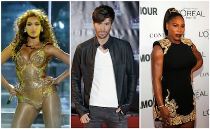 De izquierda a derecha: Beyonc&eacute;, Enrique Iglesias y Serena Williams.