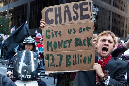 Protesta en el distrito financiero de Nueva York.