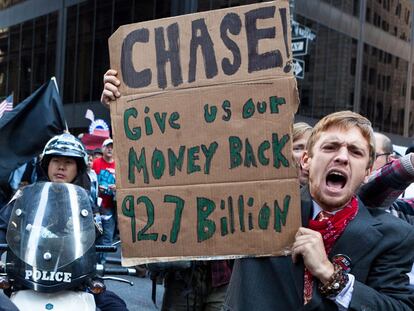 Protesta en el distrito financiero de Nueva York.