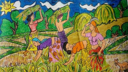 Mujeres cosechando en un campo de arroz en Sri Lanka, en una ilustración pintada por un niño para un concurso de arte organizado por la Federación Nacional de Mujeres de Vikalpani.