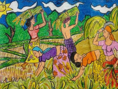Mujeres cosechando en un campo de arroz en Sri Lanka, en una ilustración pintada por un niño para un concurso de arte organizado por la Federación Nacional de Mujeres de Vikalpani.